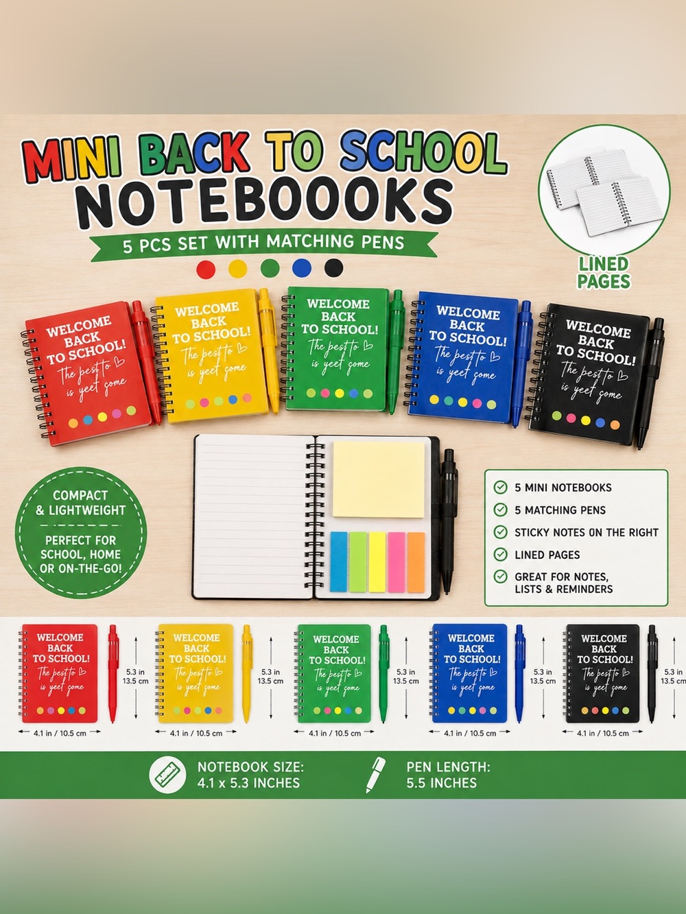 Mini Back To School Notebooks + Matching Pens, Set of 5 - Brand New